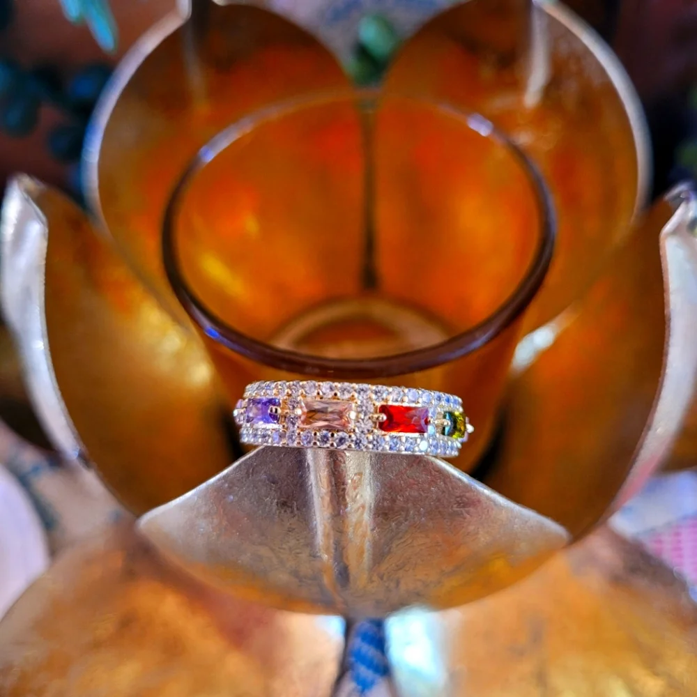 Gold plated multi color stone ring size 9 - Picture 1 of 4